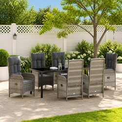 Garden Dining Set 7 Pieces Grey Poly Rattan Outdoor Furniture with Cushions