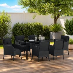 Outdoor Dining Set 7 Piece Garden Furniture Poly Rattan Black with Cushions