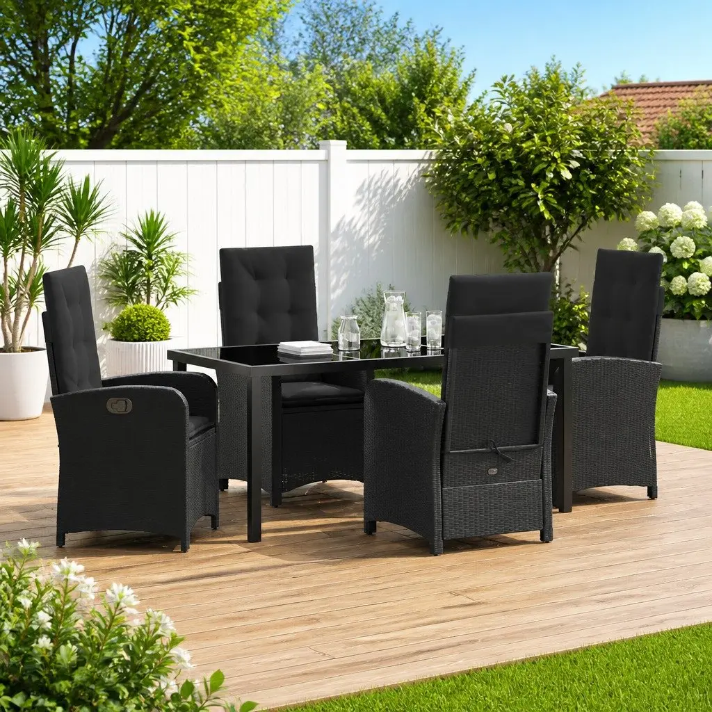 Garden Dining Set 5 Pieces Black Poly Rattan Cushioned Outdoor Furniture