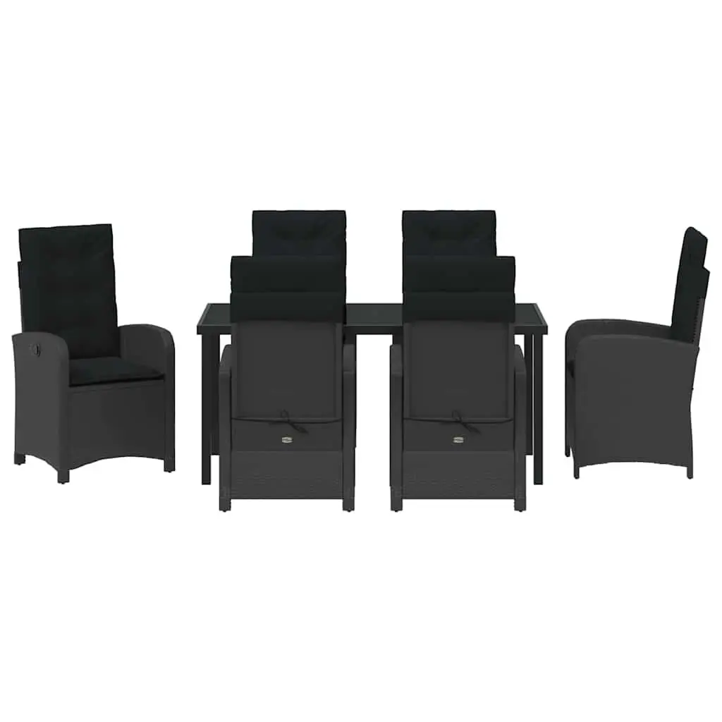 Outdoor Dining Set 7 Pieces Black Poly Rattan Cushioned Seats Glass Table