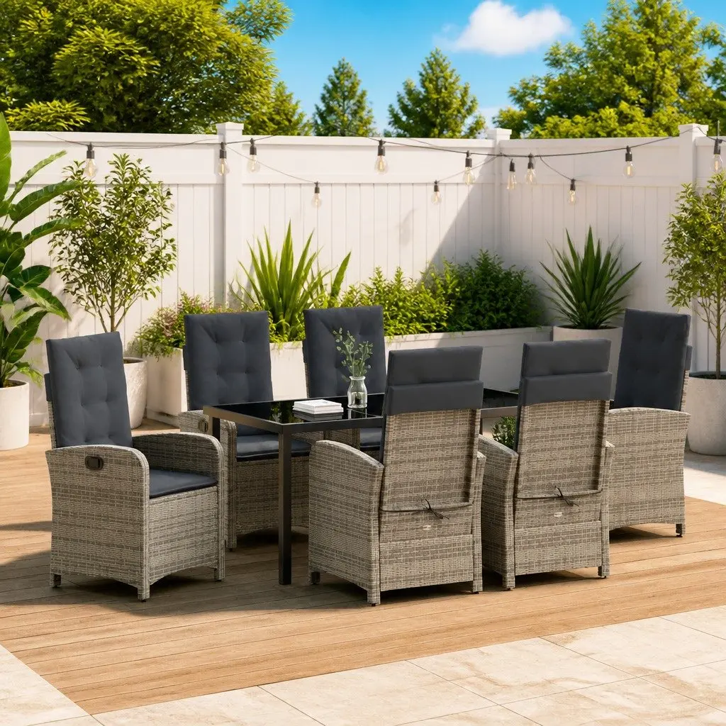 Outdoor Dining Set 7 Piece Grey Poly Rattan Table with Cushions Adjustable Backrest Easy Clean Glass Top