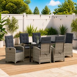 7-Piece Outdoor Garden Dining Set Grey Poly Rattan Chairs Table with Cushions