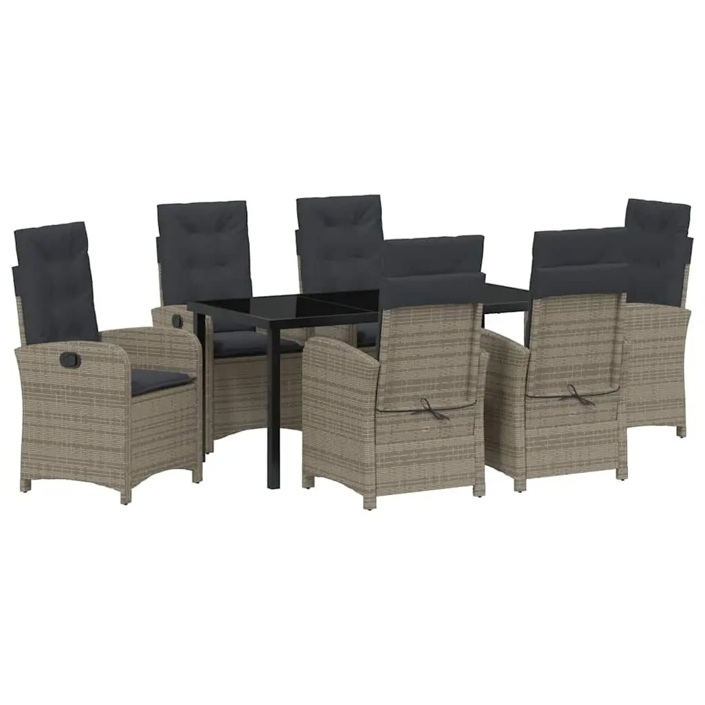 Outdoor Dining Set 7 Piece Grey Poly Rattan Table with Cushions Adjustable Backrest Easy Clean Glass Top