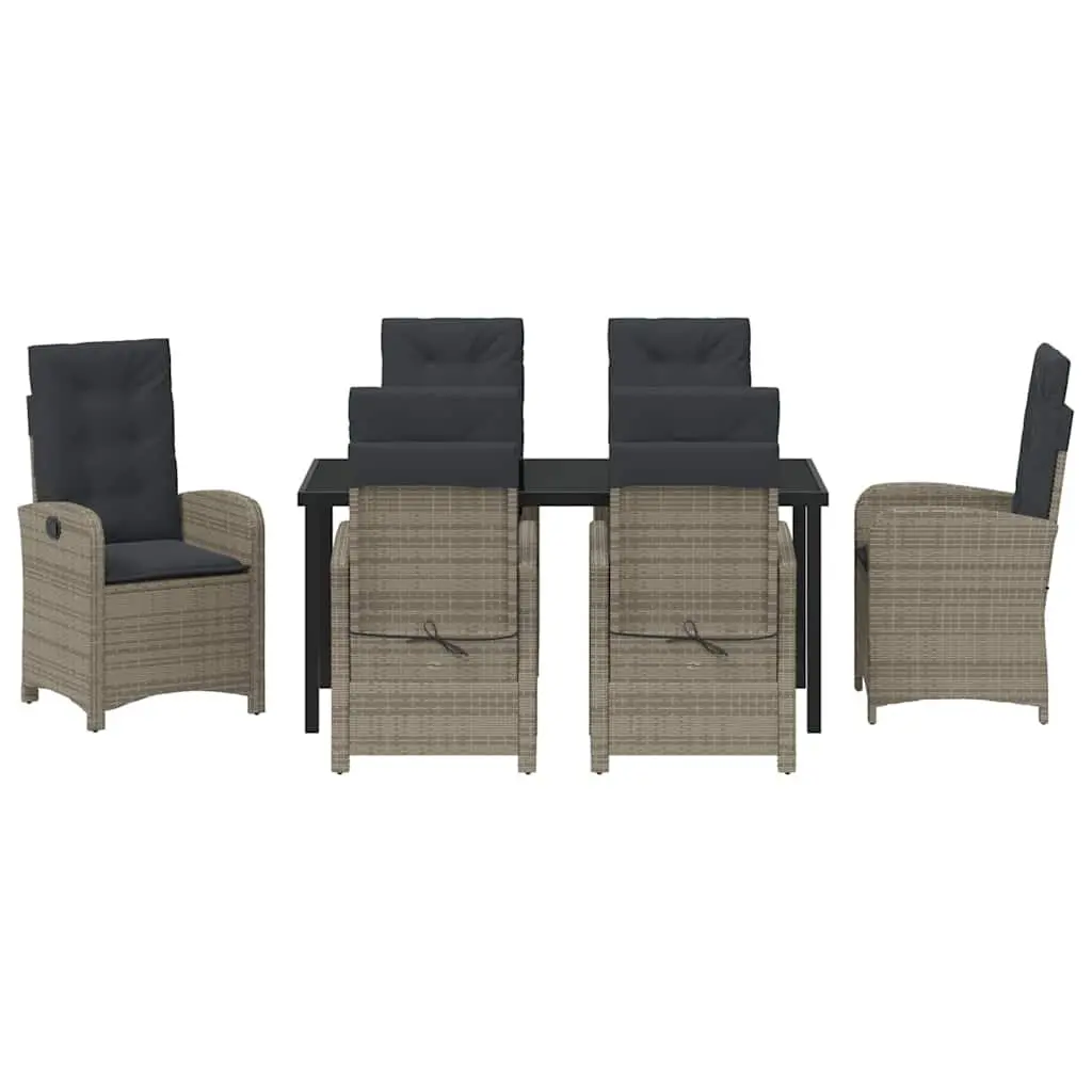 Outdoor Dining Set 7 Piece Grey Poly Rattan Table with Cushions Adjustable Backrest Easy Clean Glass Top