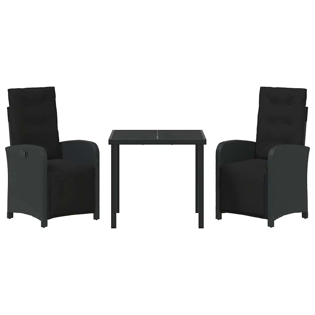 Outdoor Garden Dining Set 3 Piece Black Poly Rattan Frame Tempered Glass Top