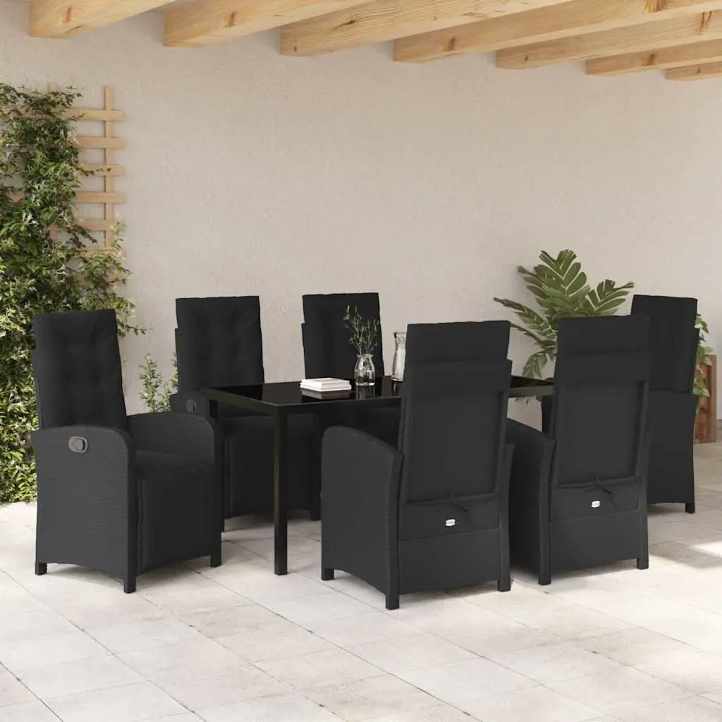 7 Piece Outdoor Patio Dining Set Black Poly Rattan Tempered Glass Top