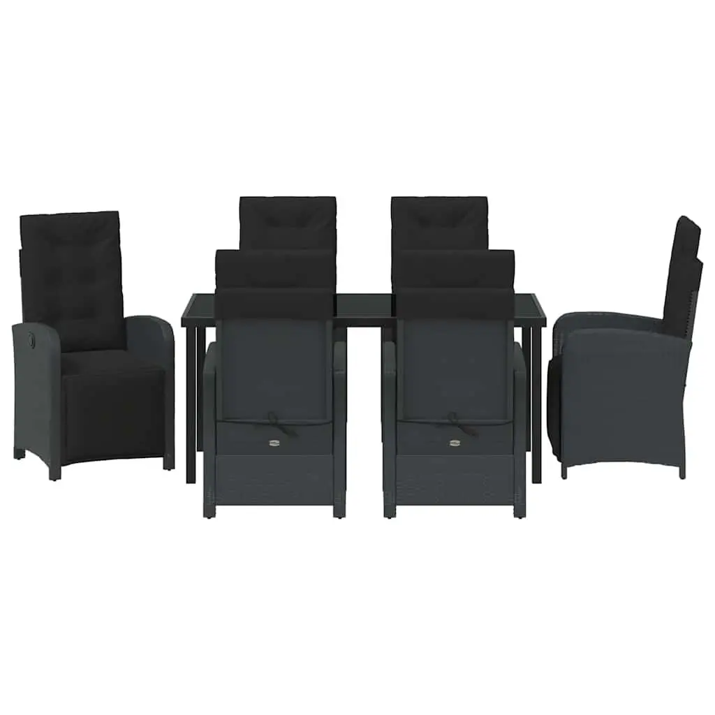 7 Piece Outdoor Patio Dining Set Black Poly Rattan Tempered Glass Top
