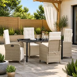 Outdoor Dining Set 5 Piece Garden Furniture Poly Rattan Glass Top Beige Cushions