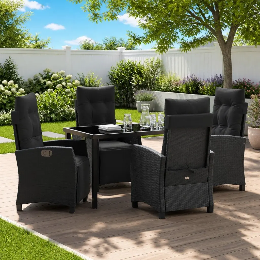 Garden Dining Set 5 Pieces Black Poly Rattan Outdoor Furniture Table with Glass Top and Multi-Position Backrest Chairs