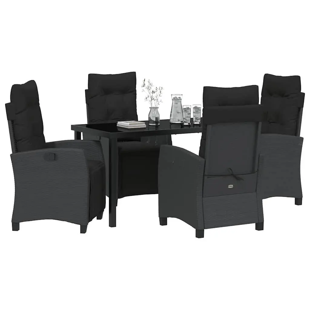 Garden Dining Set 5 Pieces Black Poly Rattan Outdoor Furniture Table with Glass Top and Multi-Position Backrest Chairs