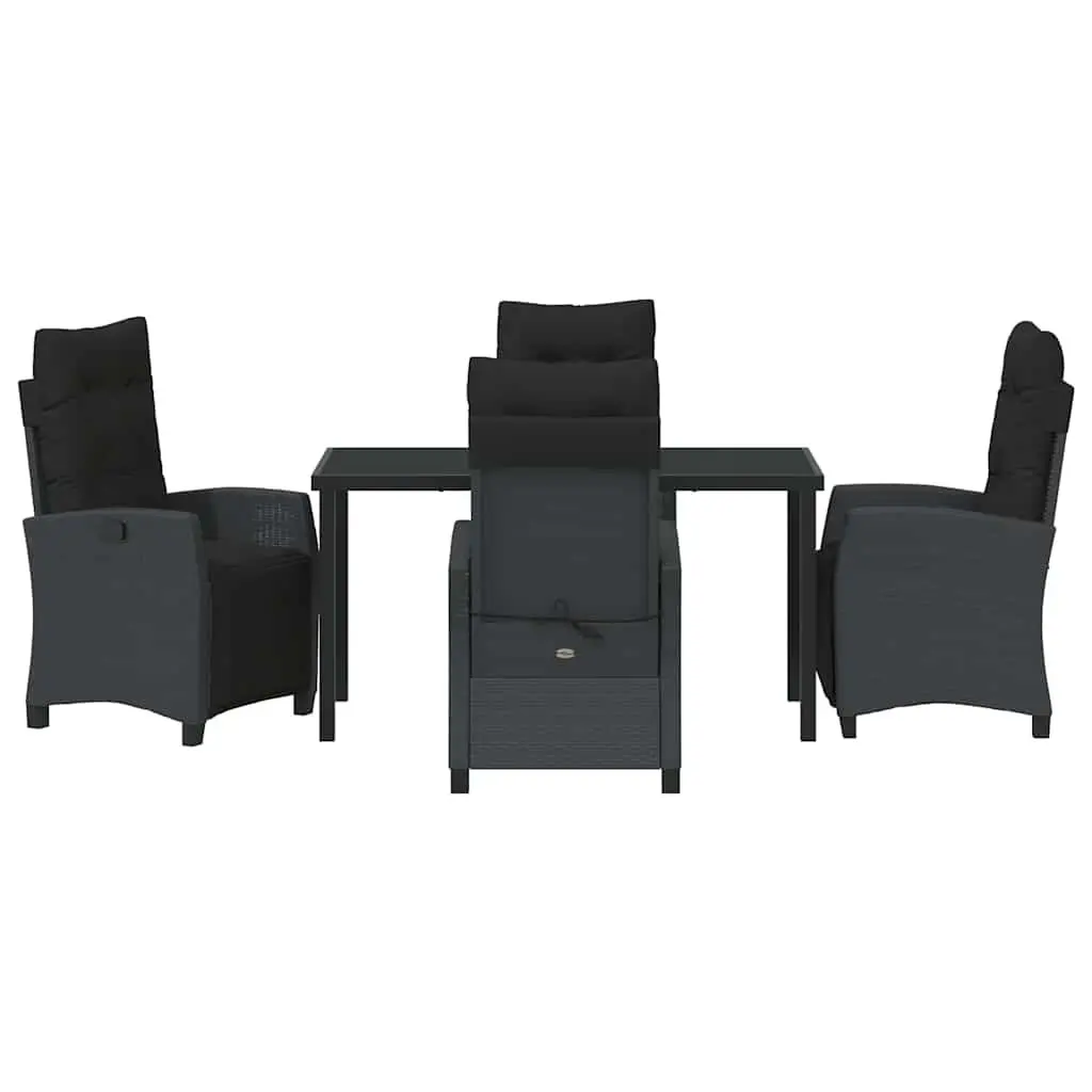 Garden Dining Set 5 Pieces Black Poly Rattan Outdoor Furniture Table with Glass Top and Multi-Position Backrest Chairs