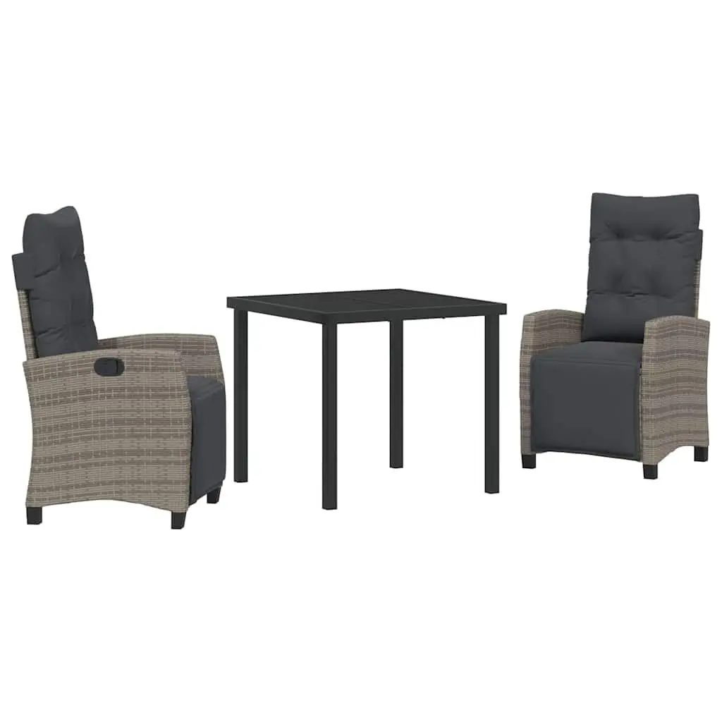 Garden Dining Set 3 Piece Grey Poly Rattan Table with Glass Top and Chairs with Cushions