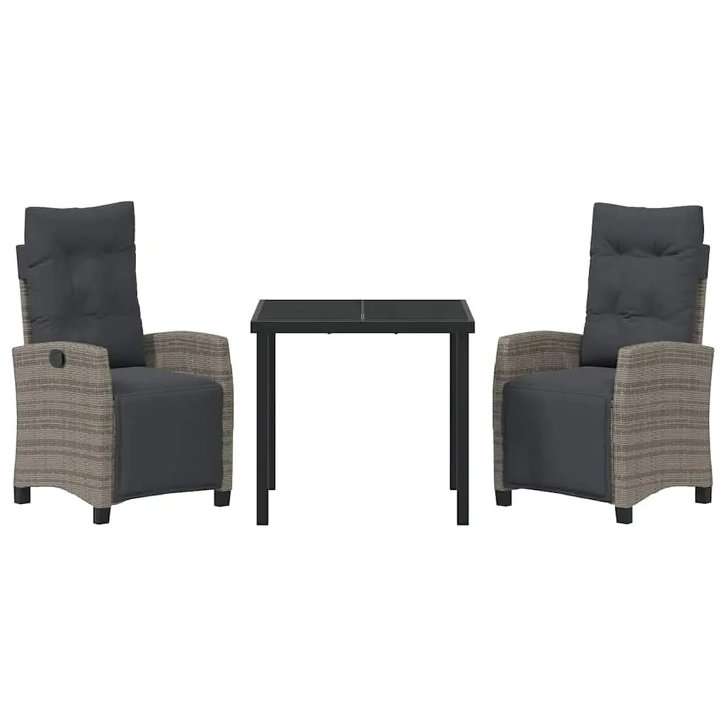 Garden Dining Set 3 Piece Grey Poly Rattan Table with Glass Top and Chairs with Cushions