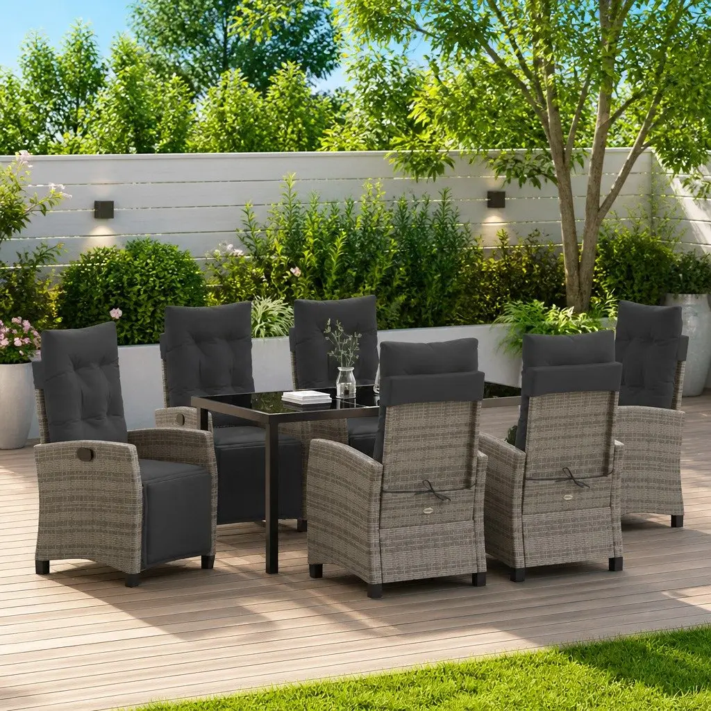 Garden Dining Set 7 Pieces Grey Outdoor Furniture Patio Table with Glass Top and Chairs with Armrests