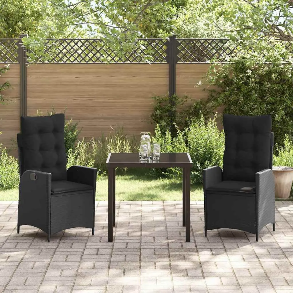 Outdoor Patio Furniture Set 3 Piece Black Poly Rattan with Adjustable Backrest and Glass Table for Garden Dining