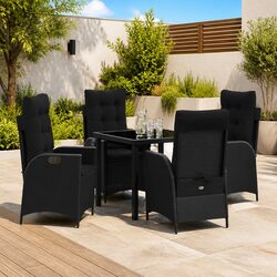 Garden Dining Set 5 Pieces Black Outdoor Patio Furniture Glass Table Poly Rattan