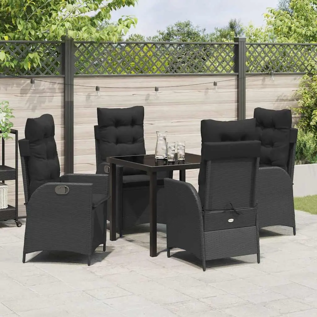Garden Dining Set 5 Pieces Black Glass Table Poly Rattan Seating Adjustable Backrest