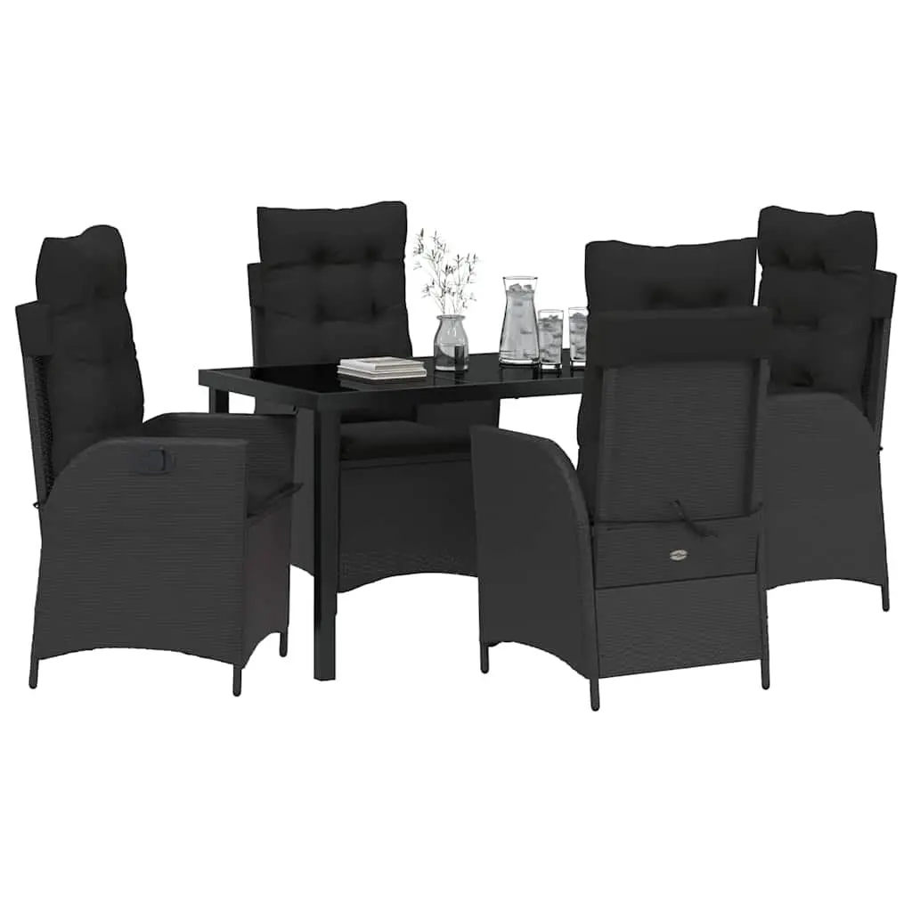 Outdoor Garden Dining Set 5 Piece Black Poly Rattan with Steel Frame and Glass Tabletop
