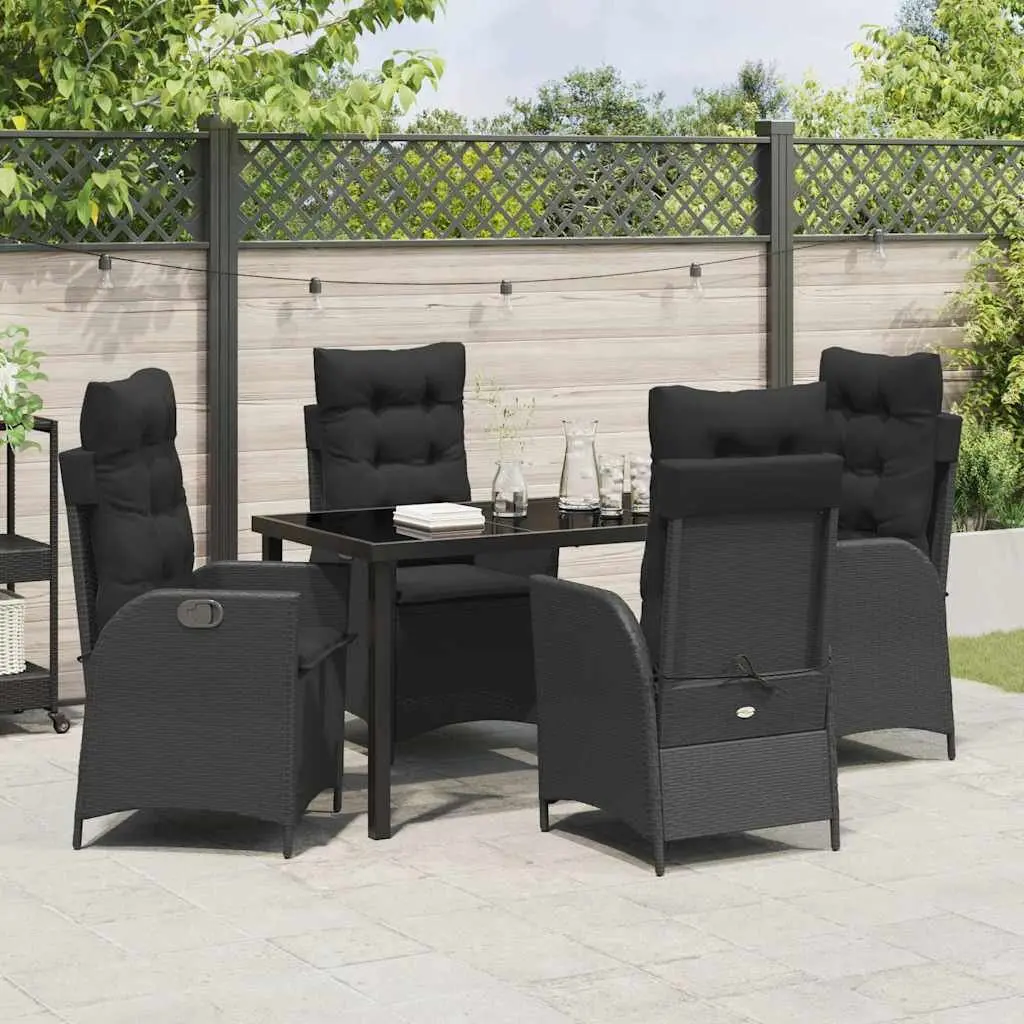 Outdoor Garden Dining Set 5 Piece Black Poly Rattan with Steel Frame and Glass Tabletop