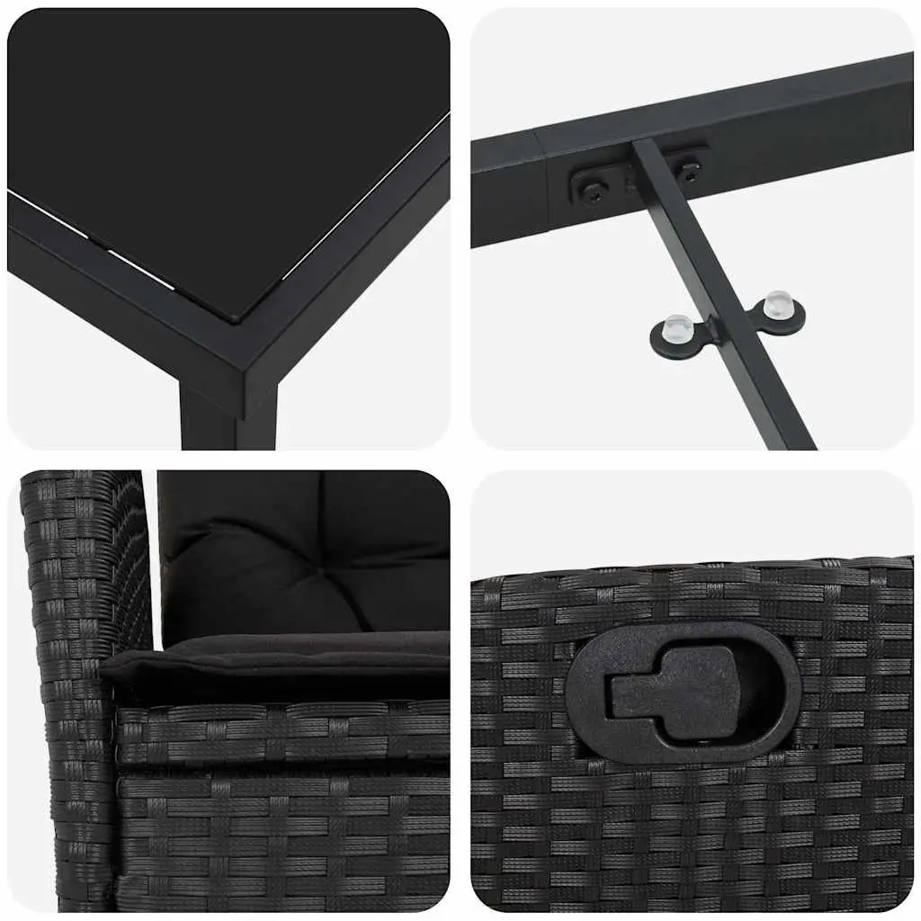 Outdoor Garden Dining Set 5 Piece Black Poly Rattan with Steel Frame and Glass Tabletop