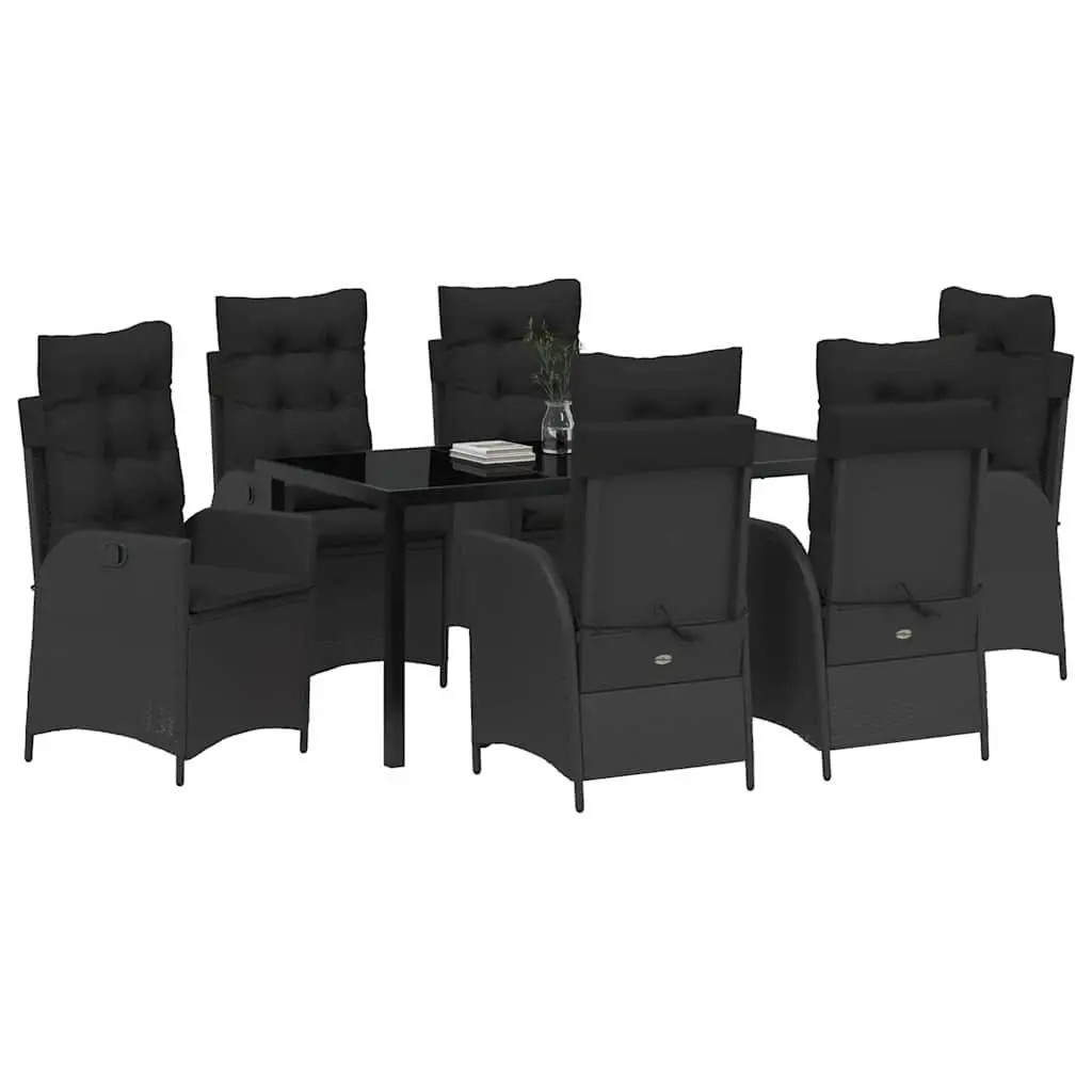 Outdoor Dining Set 7 Piece Black Poly Rattan Tempered Glass Tabletop Garden Furniture
