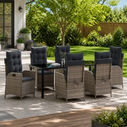 Garden Dining Set 7 Pcs Grey Poly Rattan Glass Top Patio Outdoor Furniture