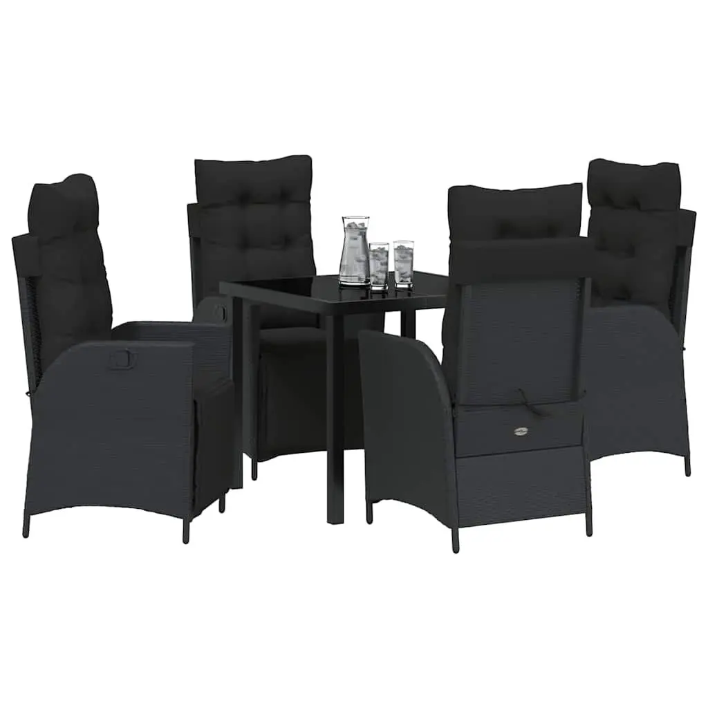 5 Piece Outdoor Dining Set Black Poly Rattan Furniture with Cushions Rectangular Table and Chairs