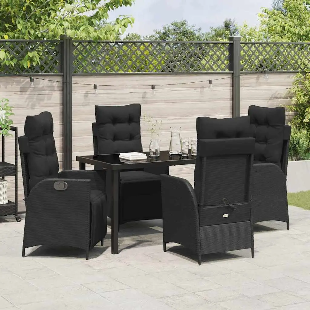 Outdoor Garden Dining Set 5 Piece Black Poly Rattan with Tempered Glass Table and Soft Polyester Cushions