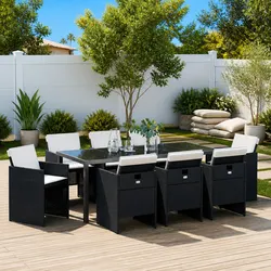 Outdoor Garden Dining Set 9 Pieces Black Poly Rattan Tempered Glass Table