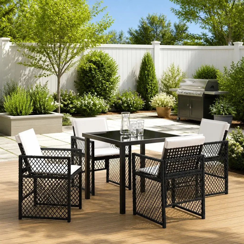 Outdoor Dining Set 5-Piece Black Poly Rattan Furniture Tempered Glass Table and Chairs