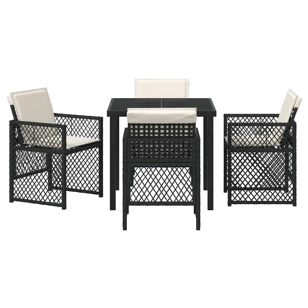 Outdoor Dining Set 5-Piece Black Poly Rattan Furniture Tempered Glass Table and Chairs