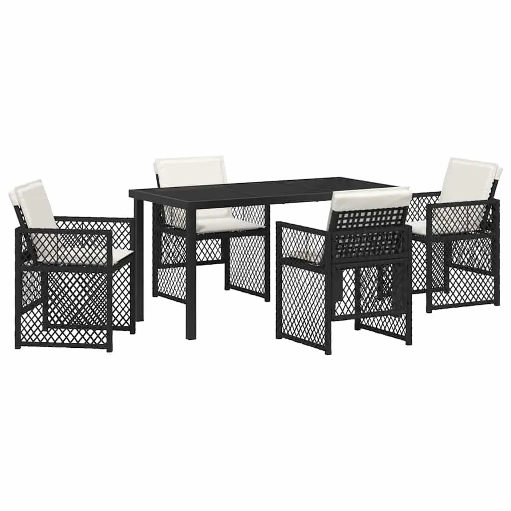 Garden Dining Set 5 Pieces Black Outdoor Furniture Tempered Glass Top Poly Rattan Seats
