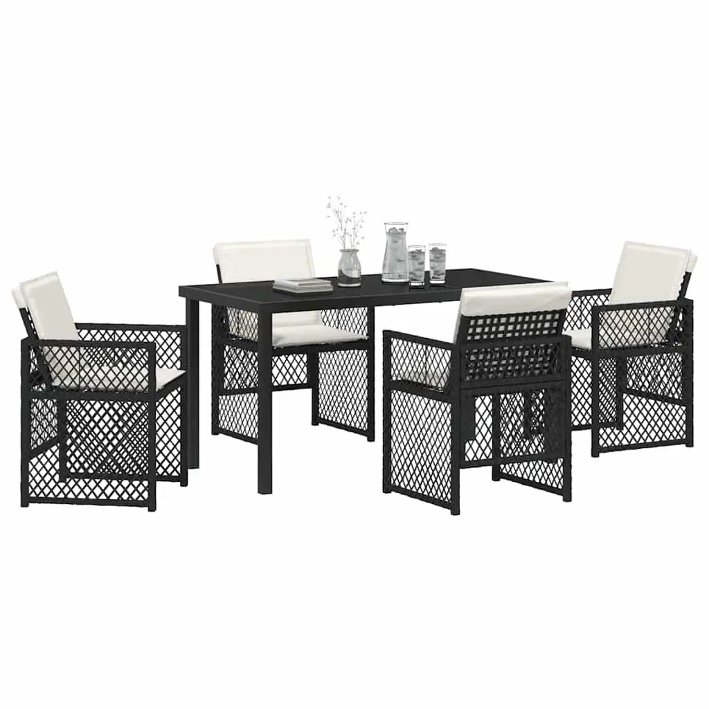 Garden Dining Set 5 Pieces Black Outdoor Furniture Tempered Glass Top Poly Rattan Seats