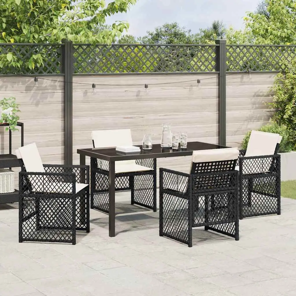 Garden Dining Set 5 Pieces Black Outdoor Furniture Tempered Glass Top Poly Rattan Seats