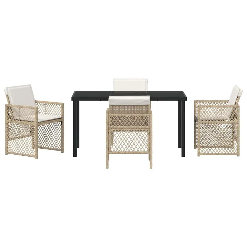 Garden Dining Set 5 Piece Beige Tempered Glass Table Powder-Coated Steel Frame Poly Rattan Chairs