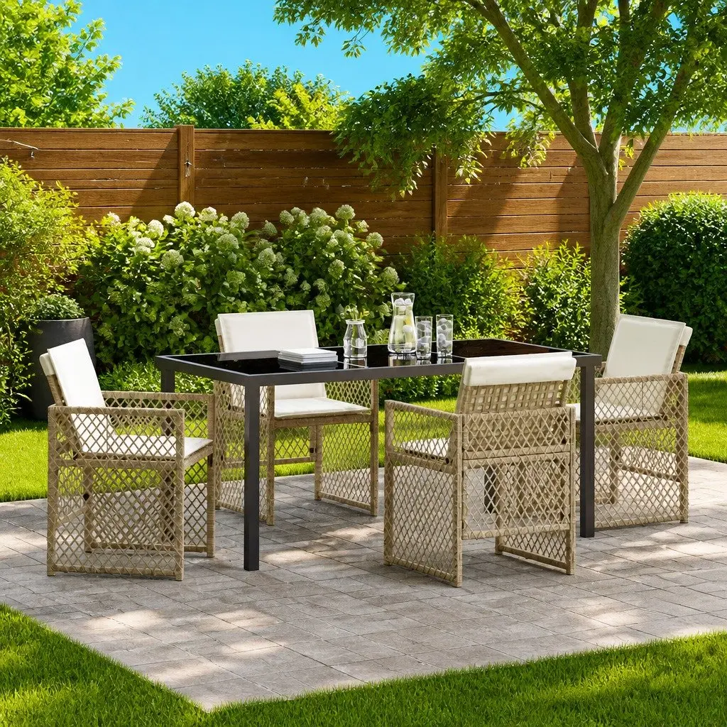 Garden Dining Set 5 Pieces Outdoor Furniture Poly Rattan Beige Tempered Glass