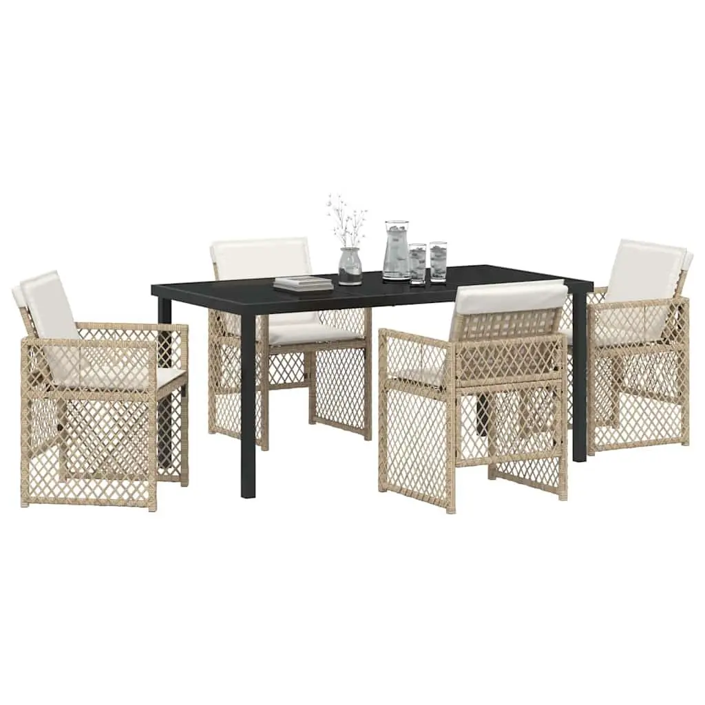 Garden Dining Set 5 Pieces Outdoor Furniture Poly Rattan Beige Tempered Glass