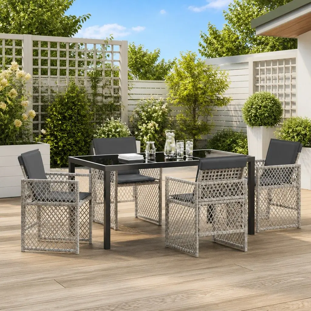 Garden Dining Set 5 Pieces Light Grey Outdoor Furniture Tempered Glass Table Poly Rattan Seating