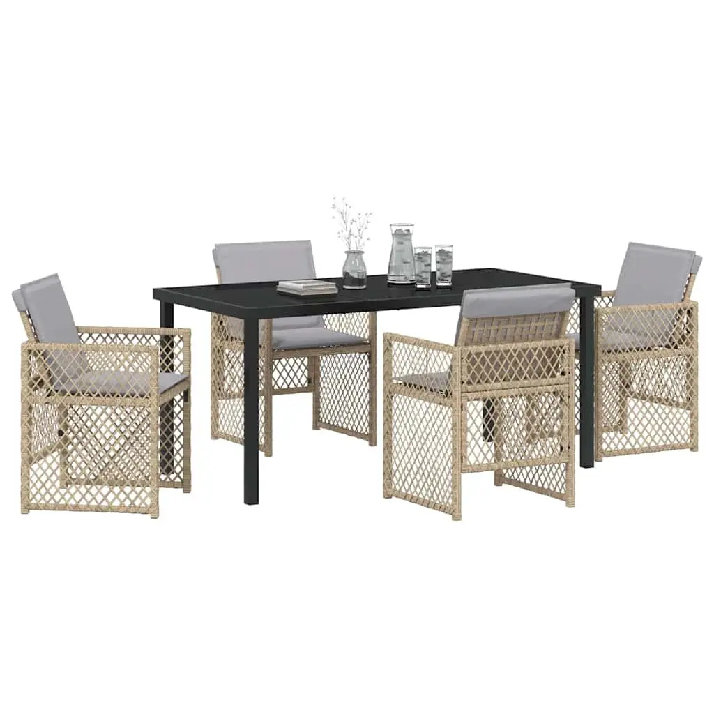 Garden Dining Set 5 Pieces Beige Poly Rattan Outdoor Furniture with Tempered Glass Tabletop and Powder-coated Steel Frame