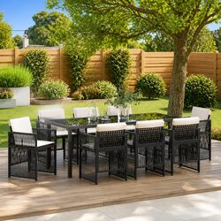 Garden Dining Set 9 Piece Outdoor Furniture Black Steel Frame with Cushions
