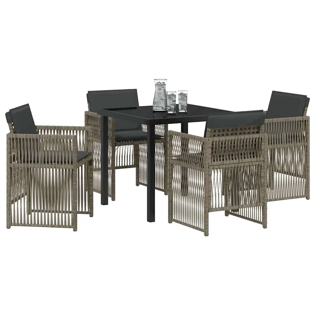 Garden Dining Set 5 pcs Grey Powder-coated Steel Frame Poly Rattan Armrests Foam-filled Cushions