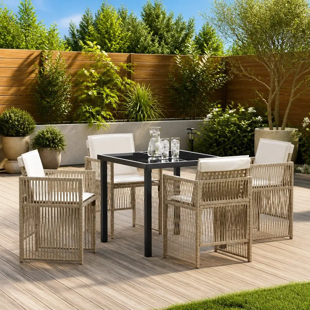 Garden Dining Set 5 Pieces Outdoor Furniture Steel Frame Rattan Armrests