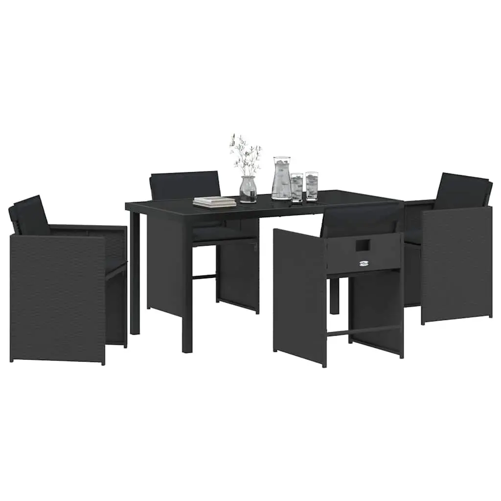 Outdoor Dining Set 5 Piece Black Poly Rattan Table with Tempered Glass Top and Chairs