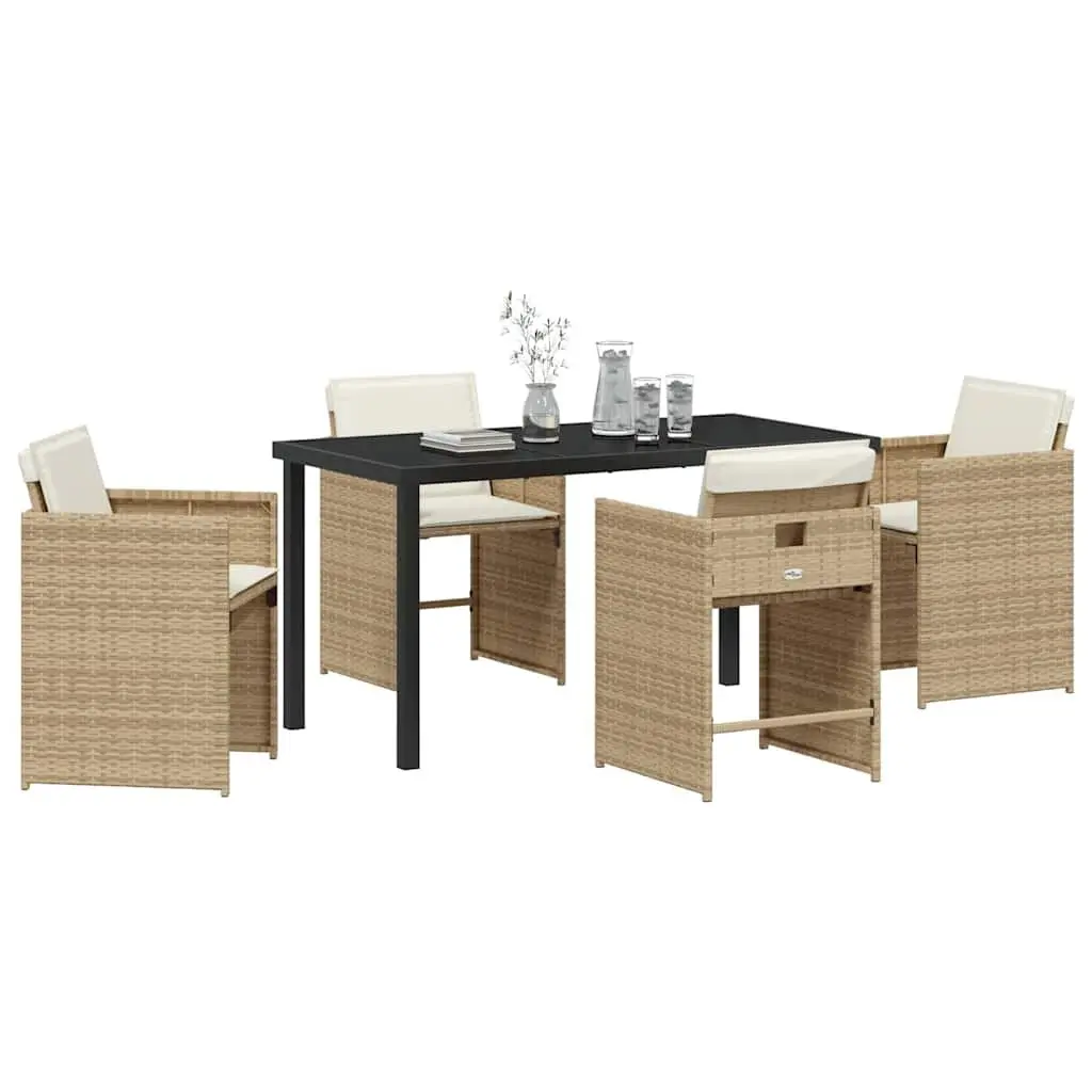 Garden Dining Set 5 Pieces Beige Poly Rattan Outdoor Furniture with Tempered Glass Table Top and Steel Legs