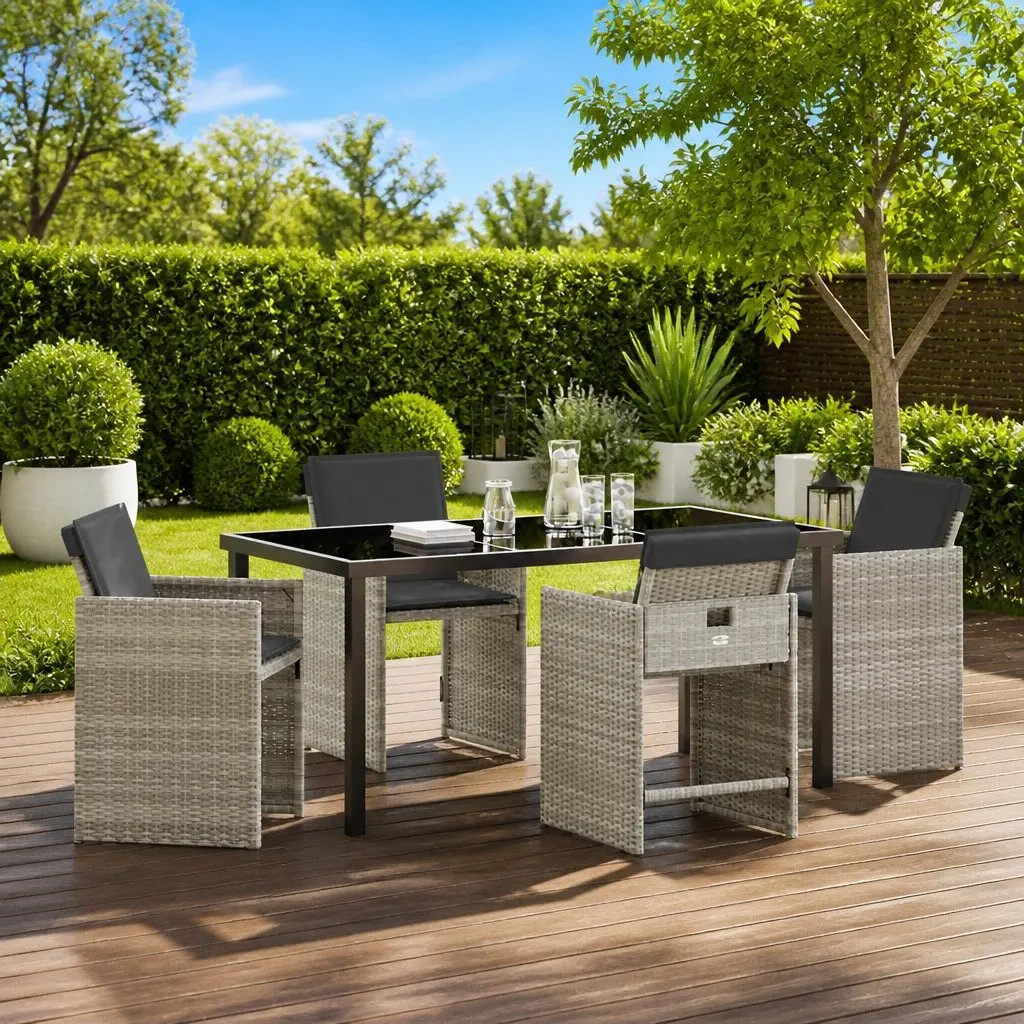 Outdoor Dining Set 5 Pieces Light Grey Poly Rattan Garden Furniture Patio Table