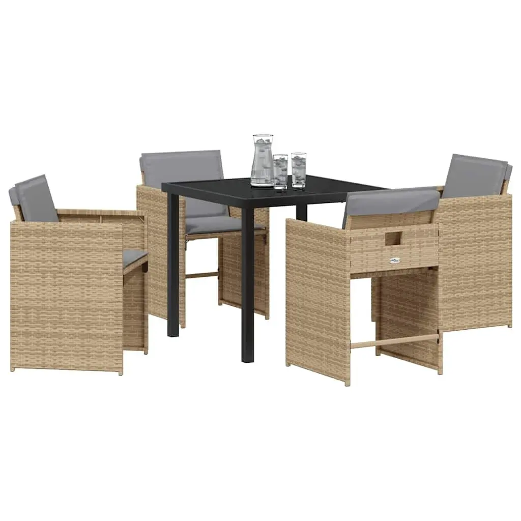 Garden Dining Set 5 Pieces Beige Poly Rattan Outdoor Furniture with Tempered Glass Table and Steel Frame for Patio and Terrace