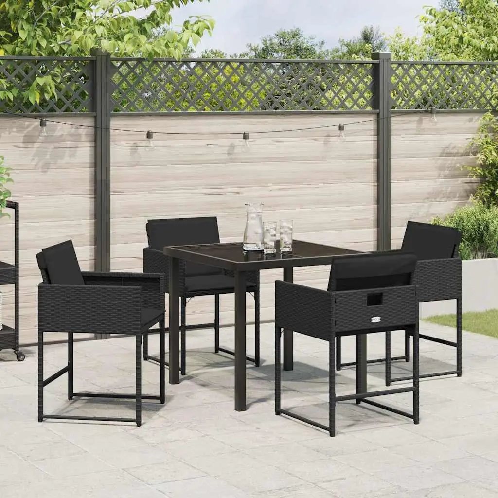 5 Piece Outdoor Dining Set Black Poly Rattan Table with Cushioned Chairs for Garden Patio