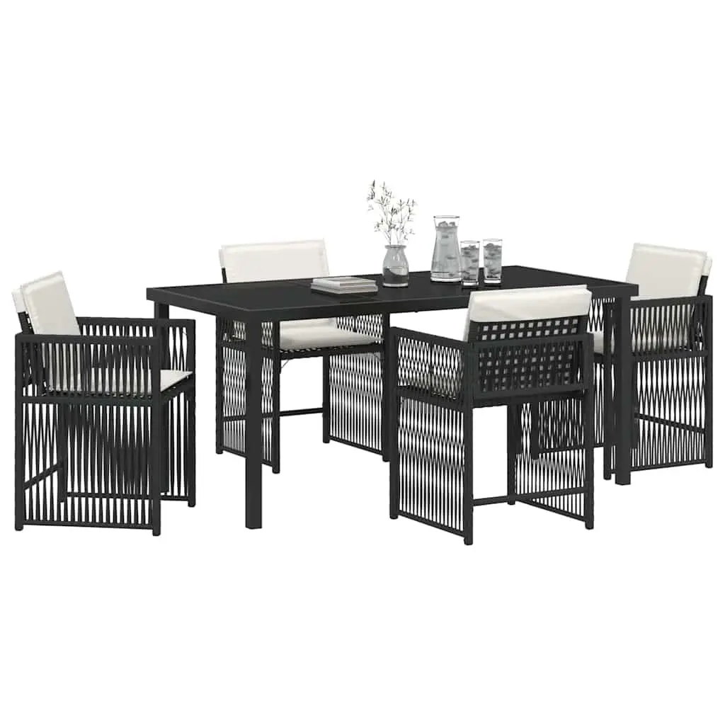 Garden Dining Set 5 Piece Black Poly Rattan Outdoor Furniture with Glass Top Table and Cushioned Chairs