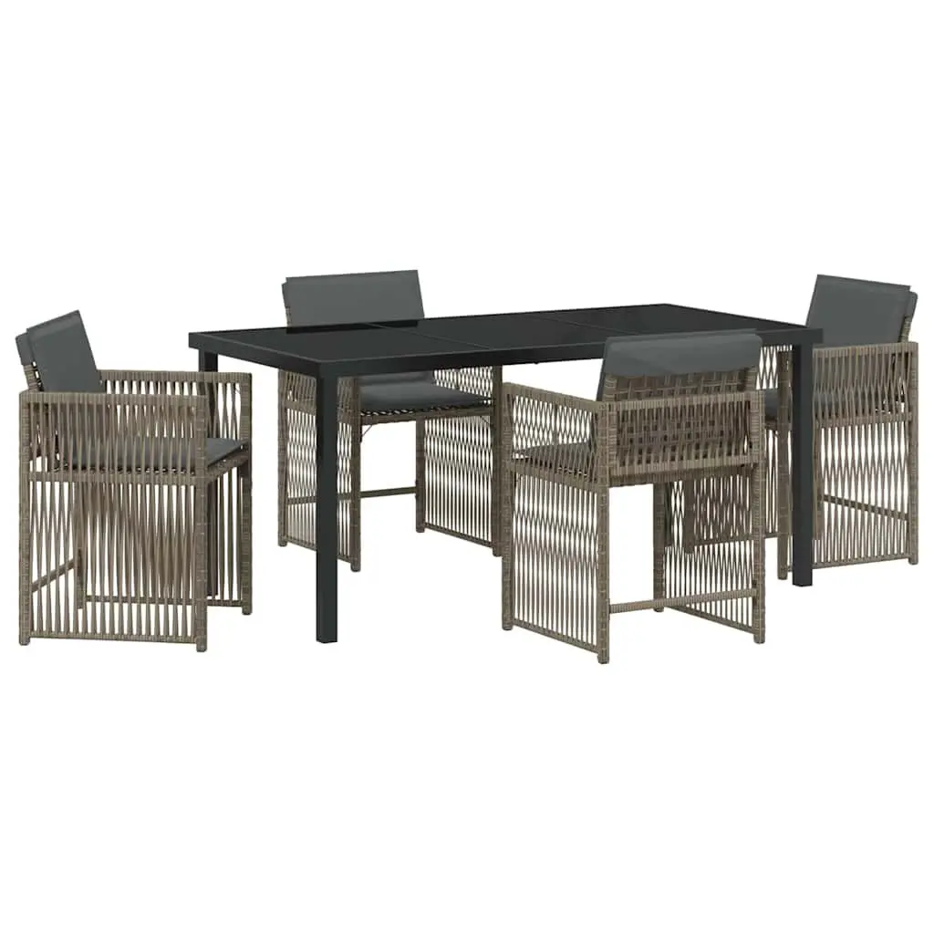 Outdoor Dining Set 5 Piece Grey Poly Rattan Table with Glass Surface and Cushioned Chairs