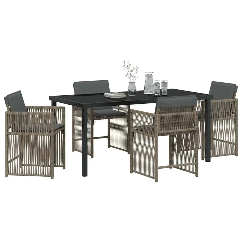 Outdoor Dining Set 5 Piece Grey Poly Rattan Table with Glass Surface and Cushioned Chairs